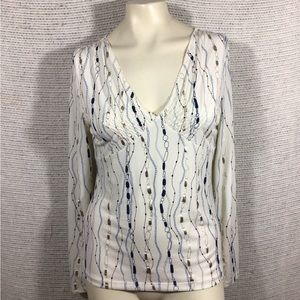 Emma James Top Medium Ivory Blue and Metallic Chain Print Long Sleeve
